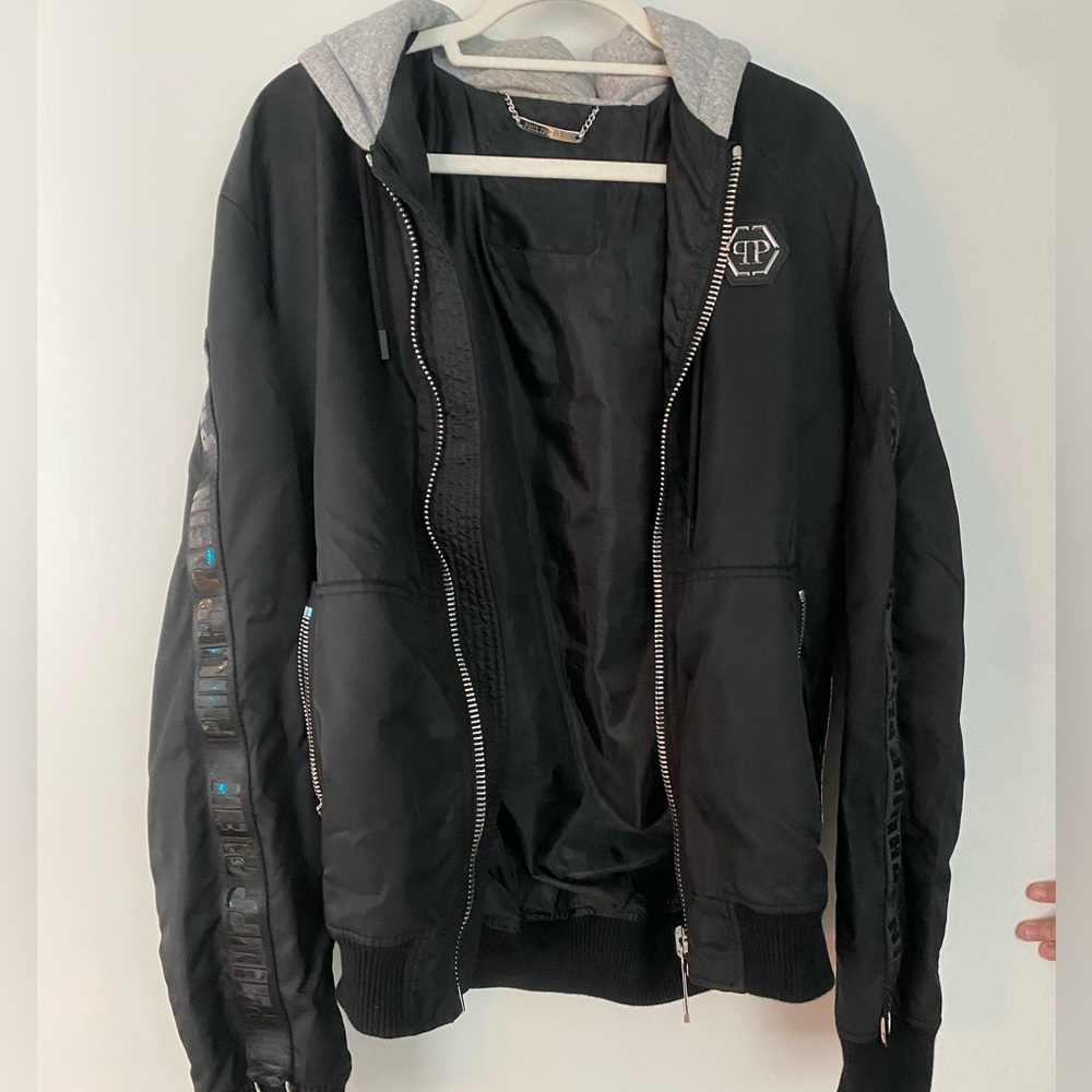 Philipp Plein Black Bomber Jacket with Gray Hood